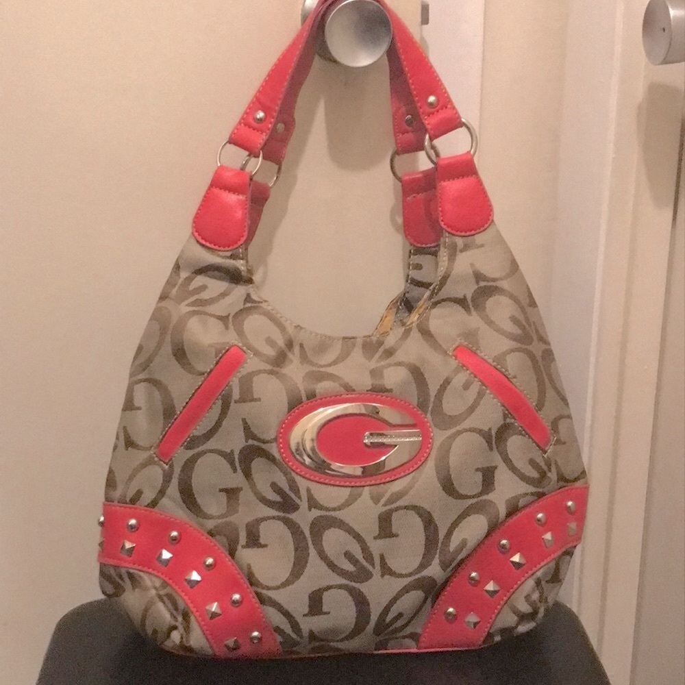 Ladies Stylish Pink and Brown Studded Women's Bag With G Emblem